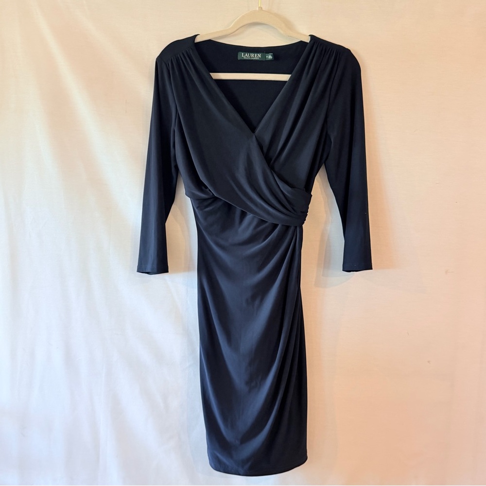 Ralph Lauren Navy Blue Knee Length Midi Dress with 3/4 Sleeves V Neck Size 8